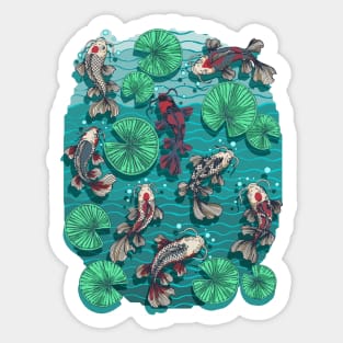 Eight Japanese Koi Fish Pond Retro Teal Colors Sticker